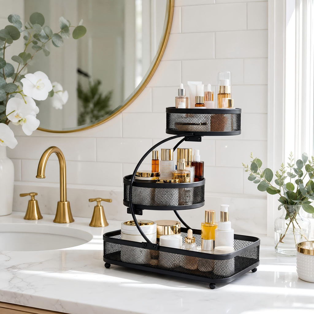 3 Tier Metal Bathroom Storage Rack with Spray Bottle Hooks
