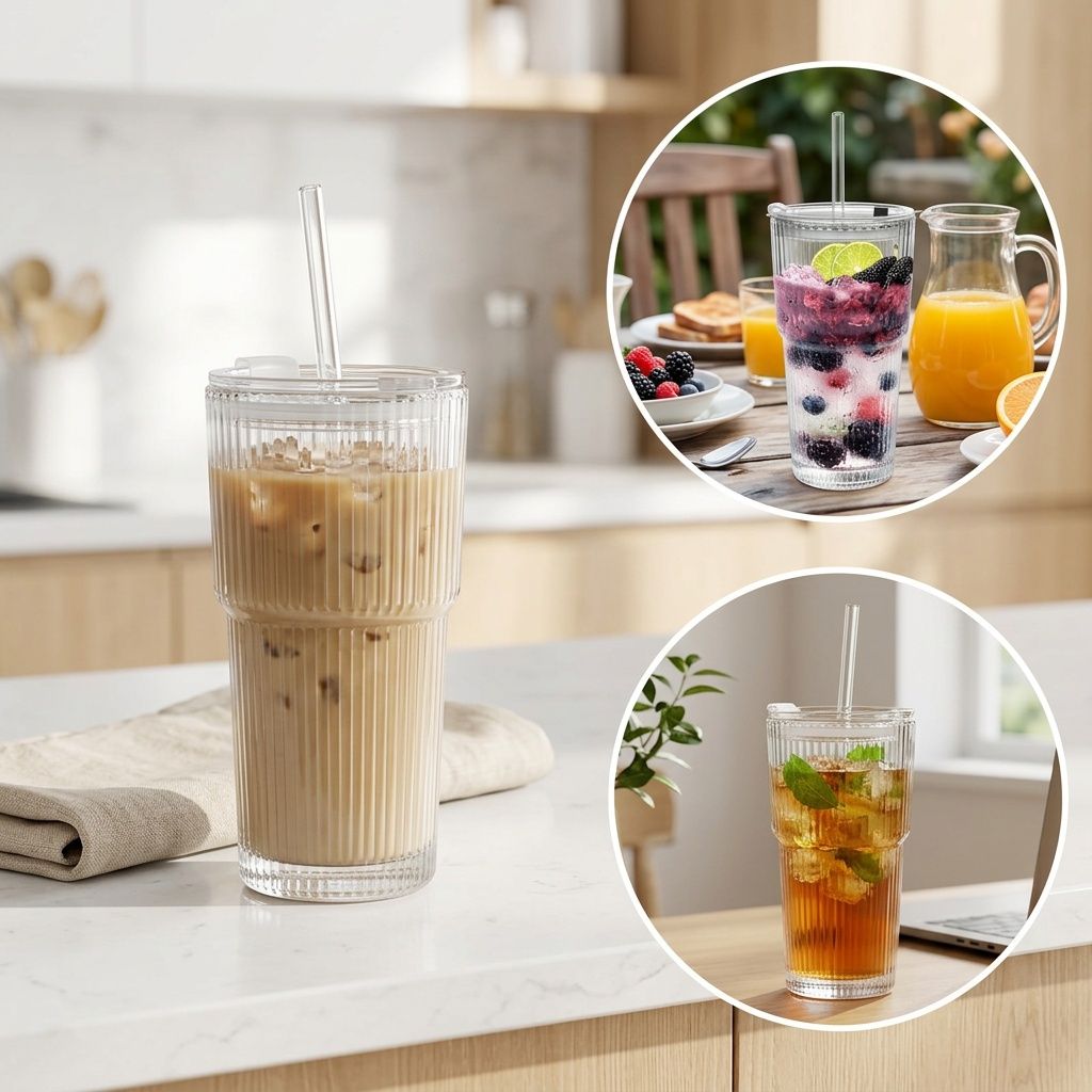 Vintage Striped Glass Coffee Mugs with Straws