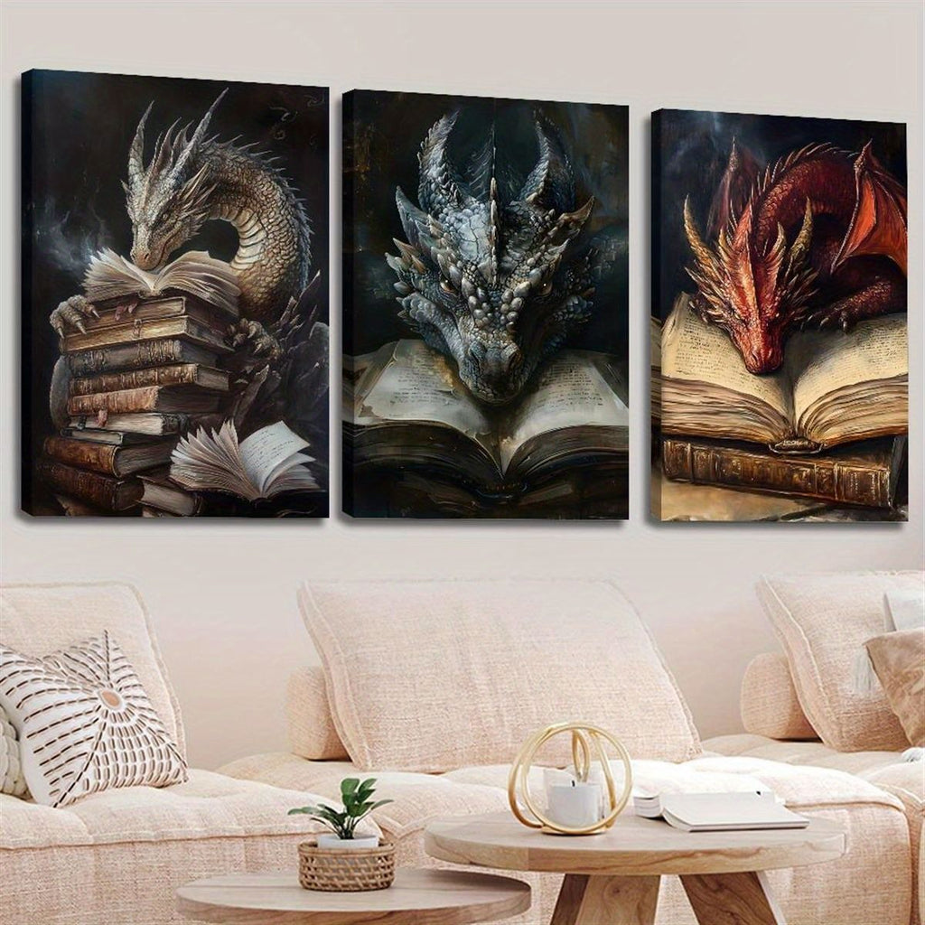 3-Panel Frameless Mythical Dragons Canvas Wall Art