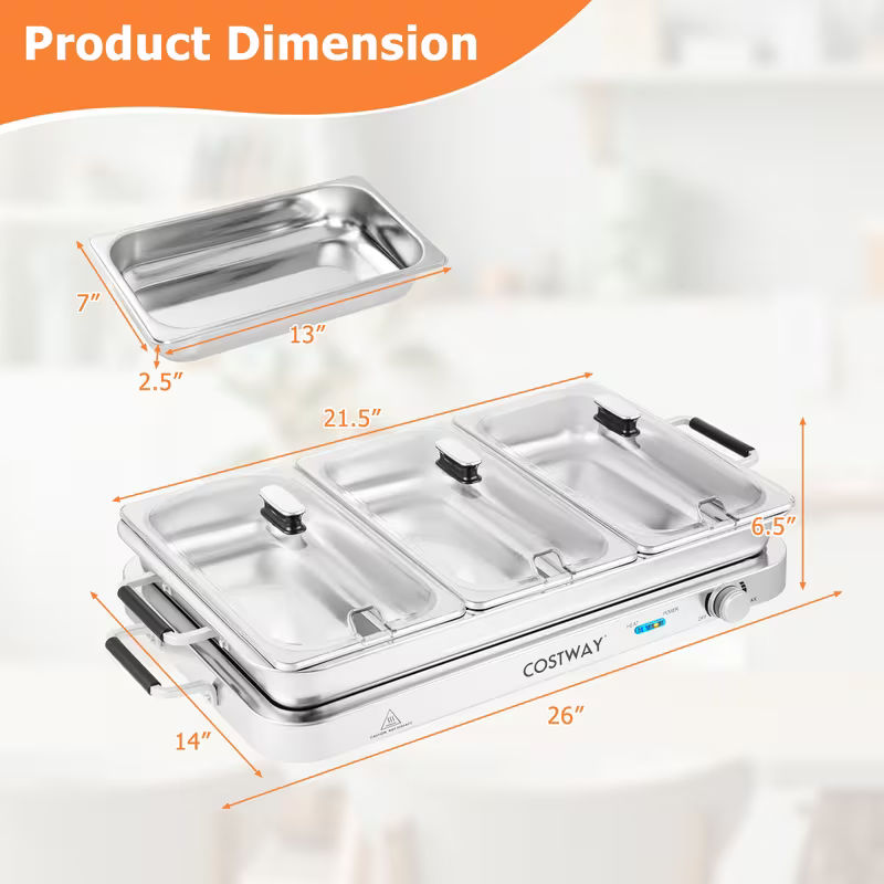 8-Quart Stainless Steel 3-Tray Electric Buffet Server and Warming Tray