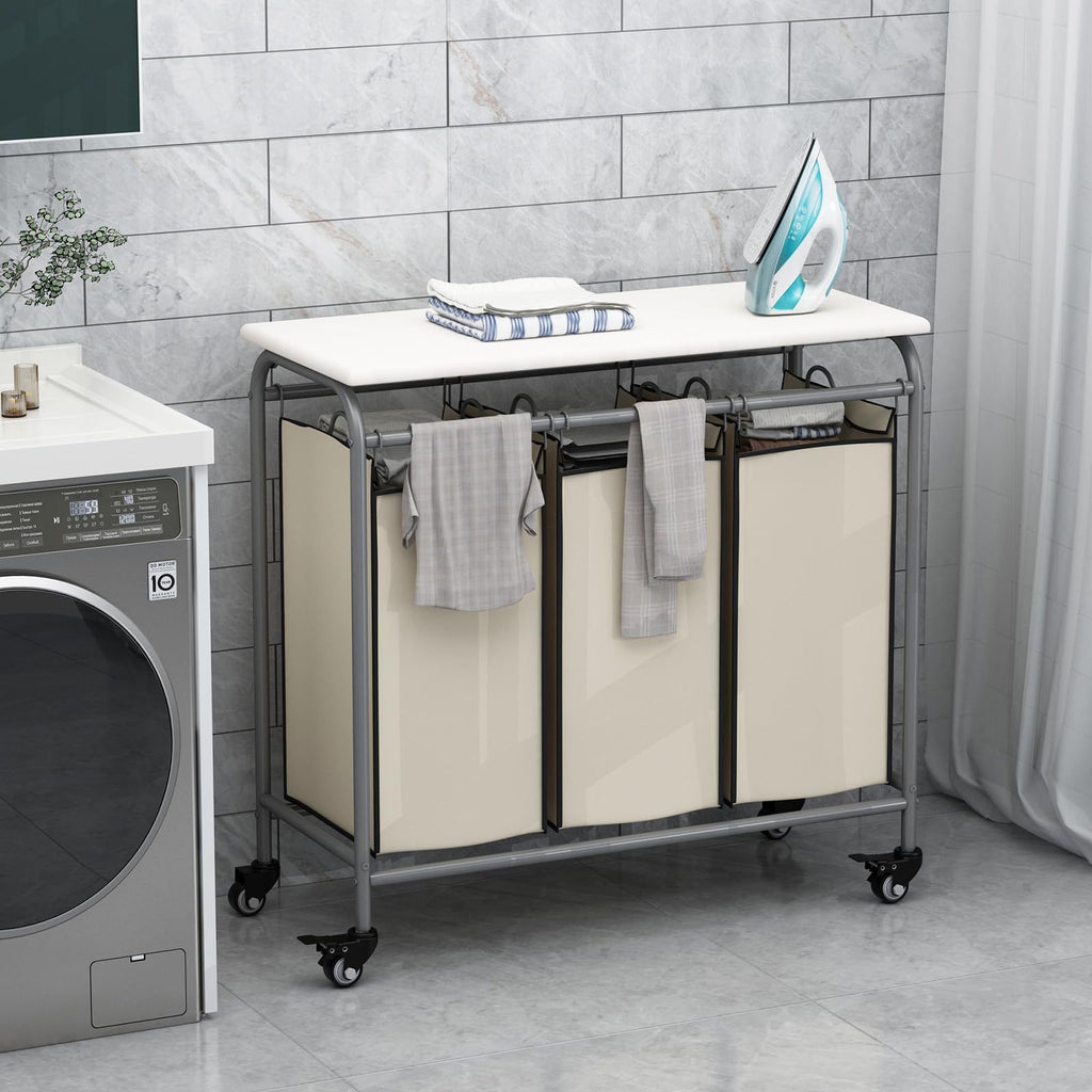 3-Bag Heavy Duty Rolling Laundry Sorter Cart with Ironing Board