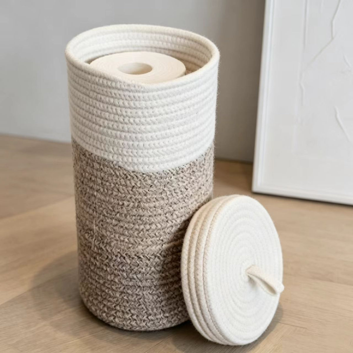 Handmade Woven Toilet Paper Holder Basket with Lid