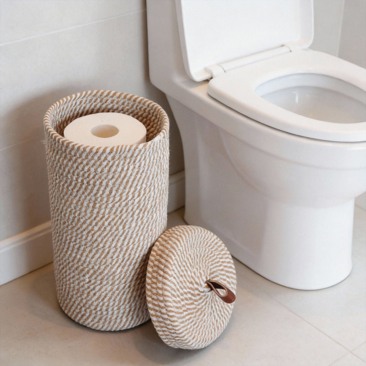 Handmade Woven Toilet Paper Holder Basket with Lid