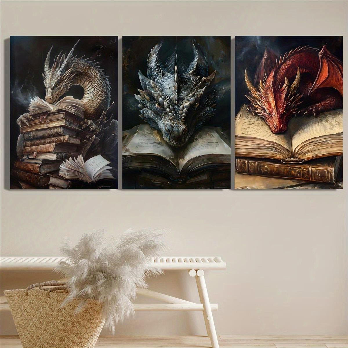 3-Panel Frameless Mythical Dragons Canvas Wall Art