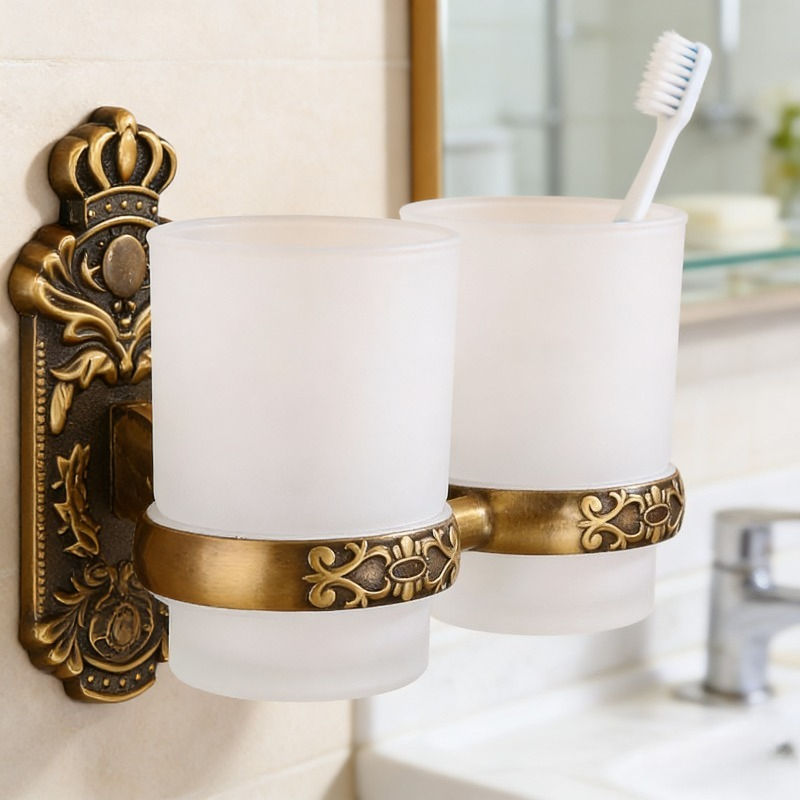 Modern Minimalist Wall-Mounted Double Cup Toothbrush Holder with Glass Base