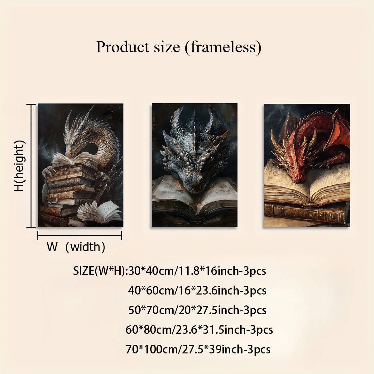 3-Panel Frameless Mythical Dragons Canvas Wall Art