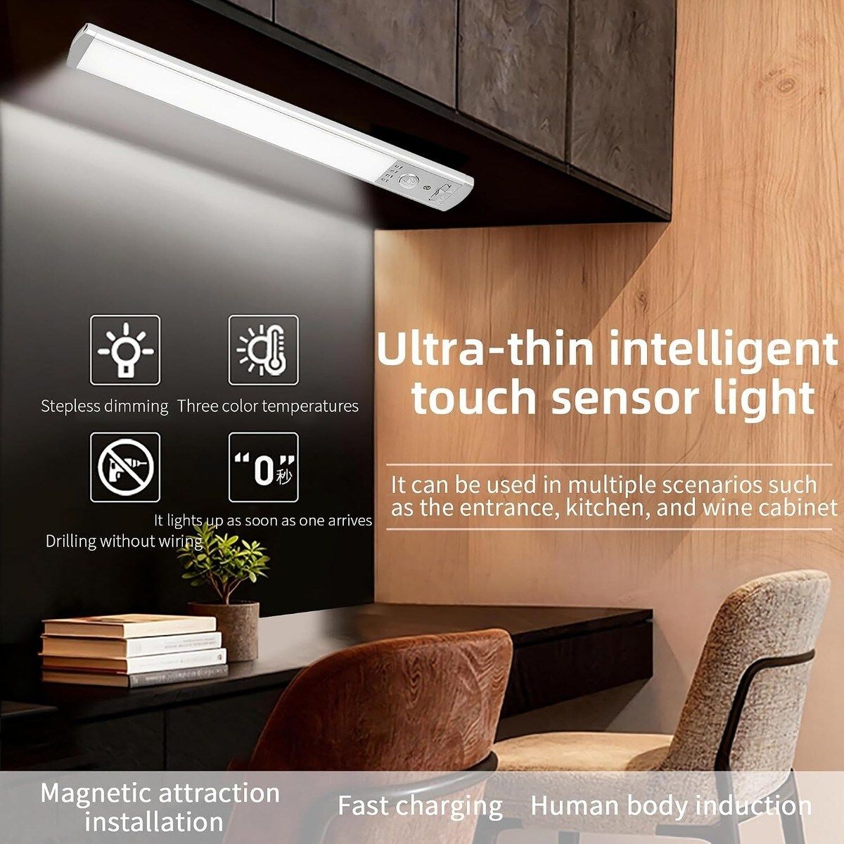 2 Pack Rechargeable LED Under Cabinet Lights with Motion Sensor 10 Inch Magnetic Stick On Closet Light Stepless Dimmable for Kitchen Pantry Wardrobe
