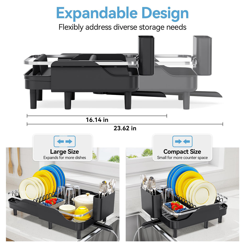 Expandable Stainless Steel Dish Drying Rack with Spout Black
