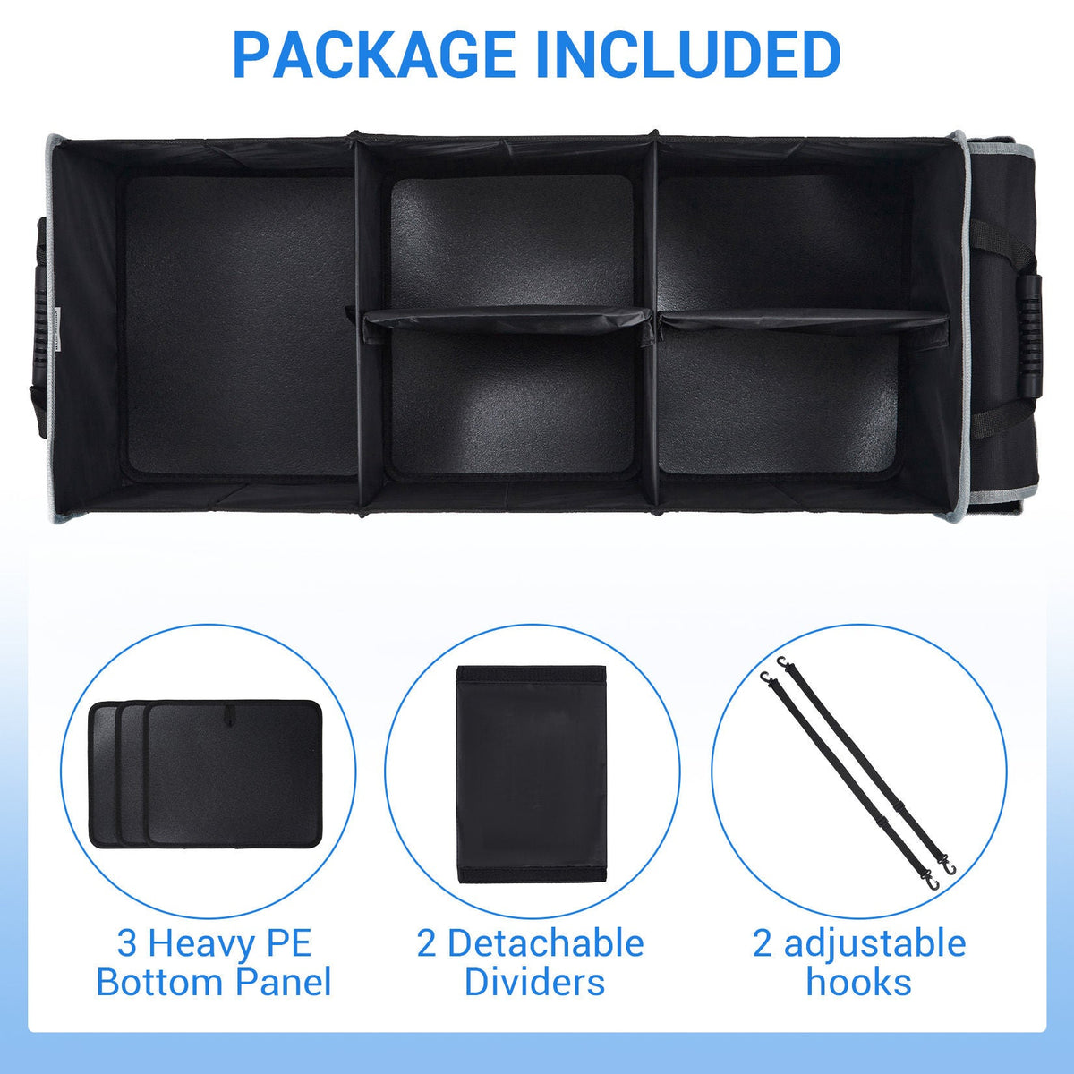 Collapsible Car Trunk Organizer with Removable Dividers and Ice Pack