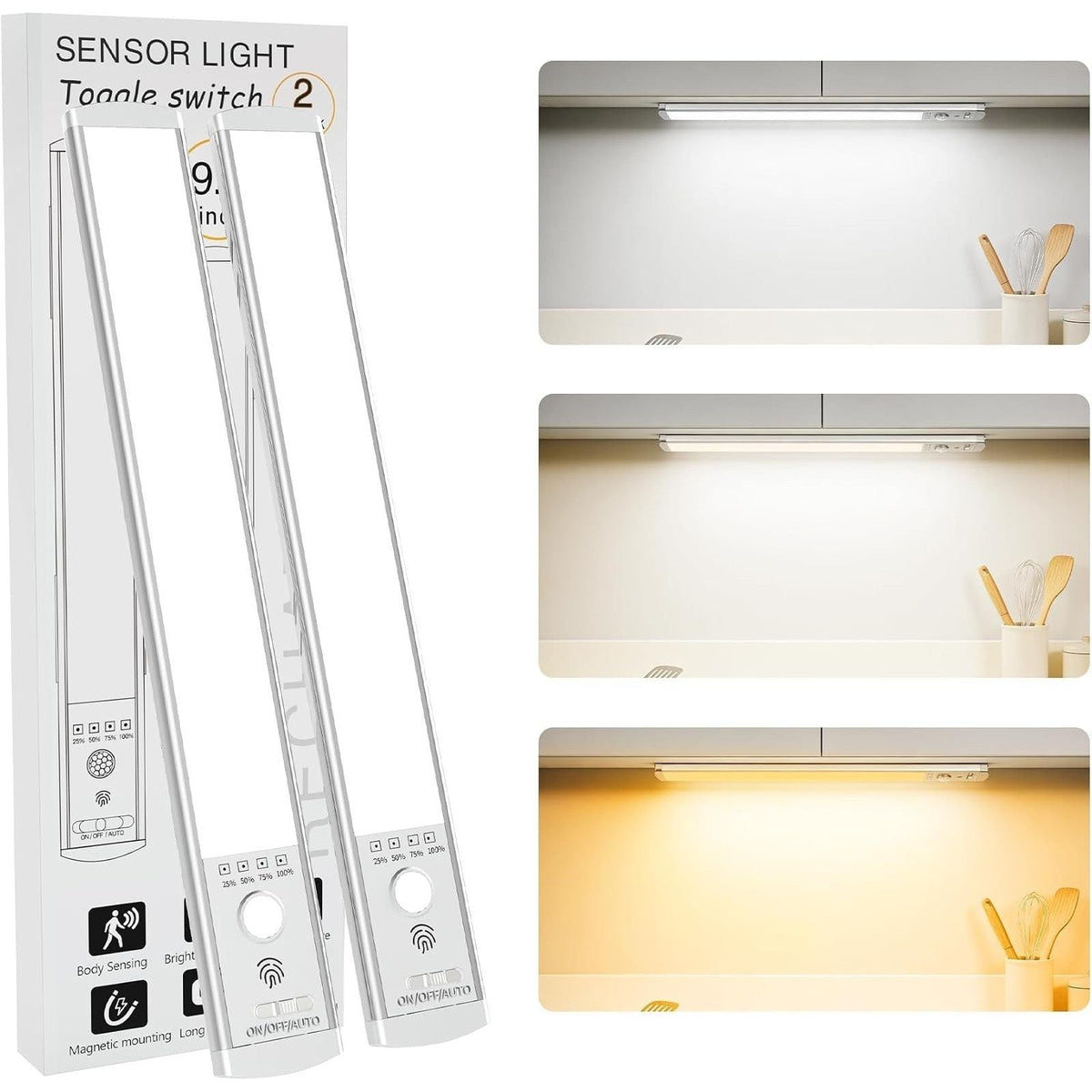 2 Pack Rechargeable LED Under Cabinet Lights with Motion Sensor 10 Inch Magnetic Stick On Closet Light Stepless Dimmable for Kitchen Pantry Wardrobe