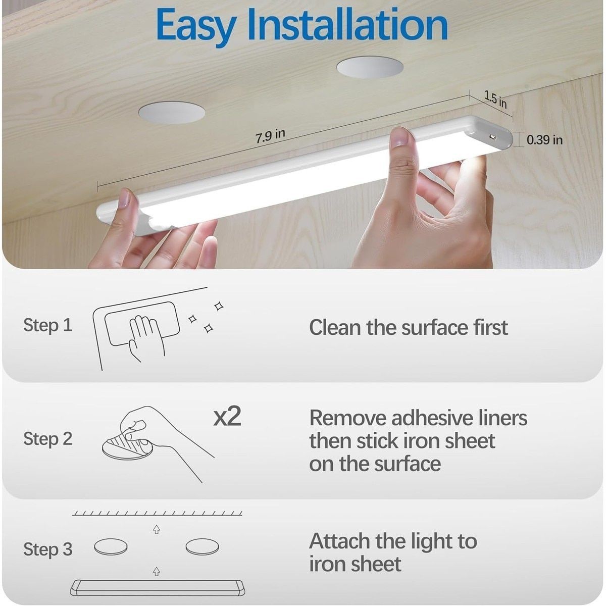 2 Pack Motion Sensor Under Cabinet Lights 8 Inch Cool White Rechargeable LED Closet Light with USB-C