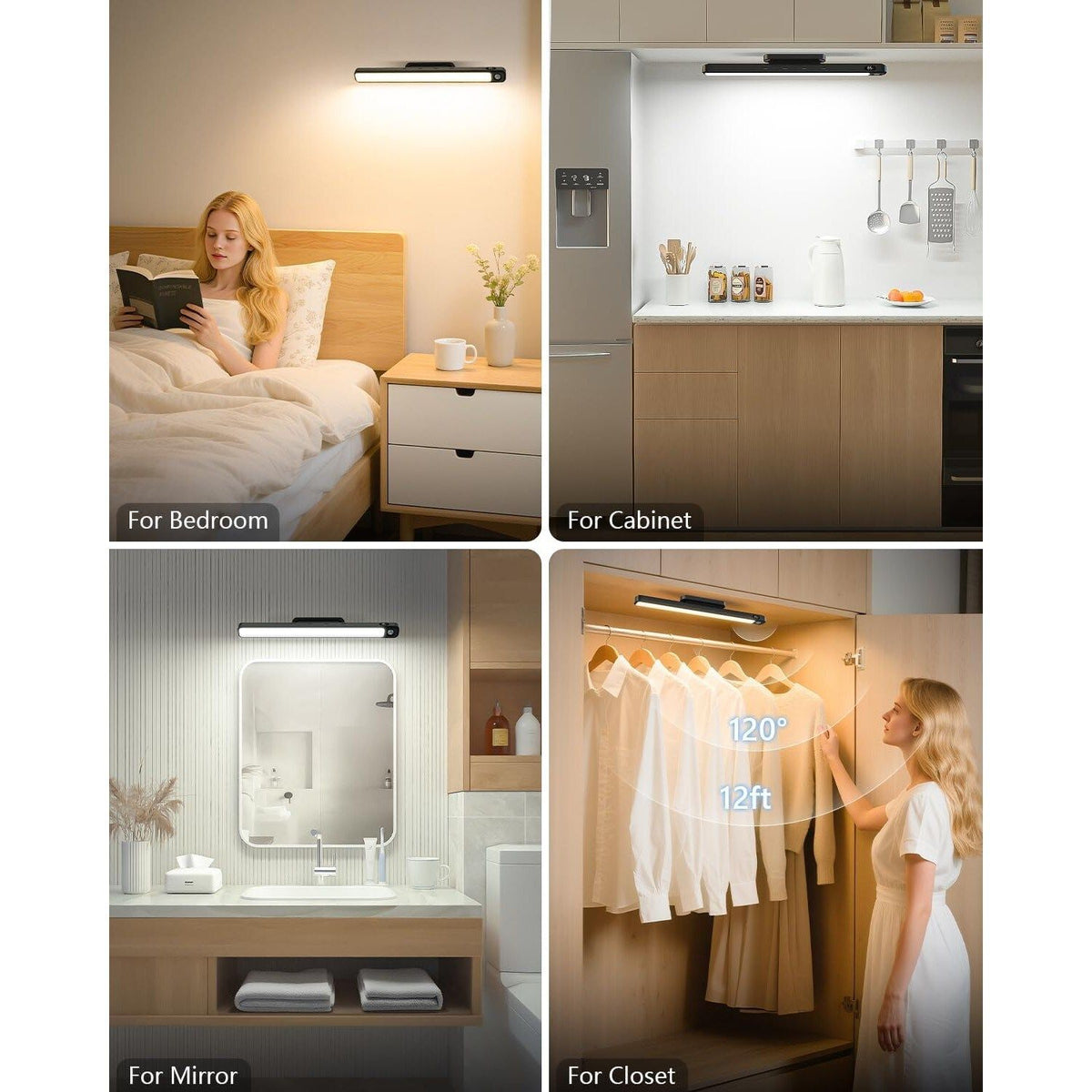 2 Pack Rechargeable Motion Sensor Under Cabinet Light Bar 3W Dimmable Magnetic LED Closet Light
