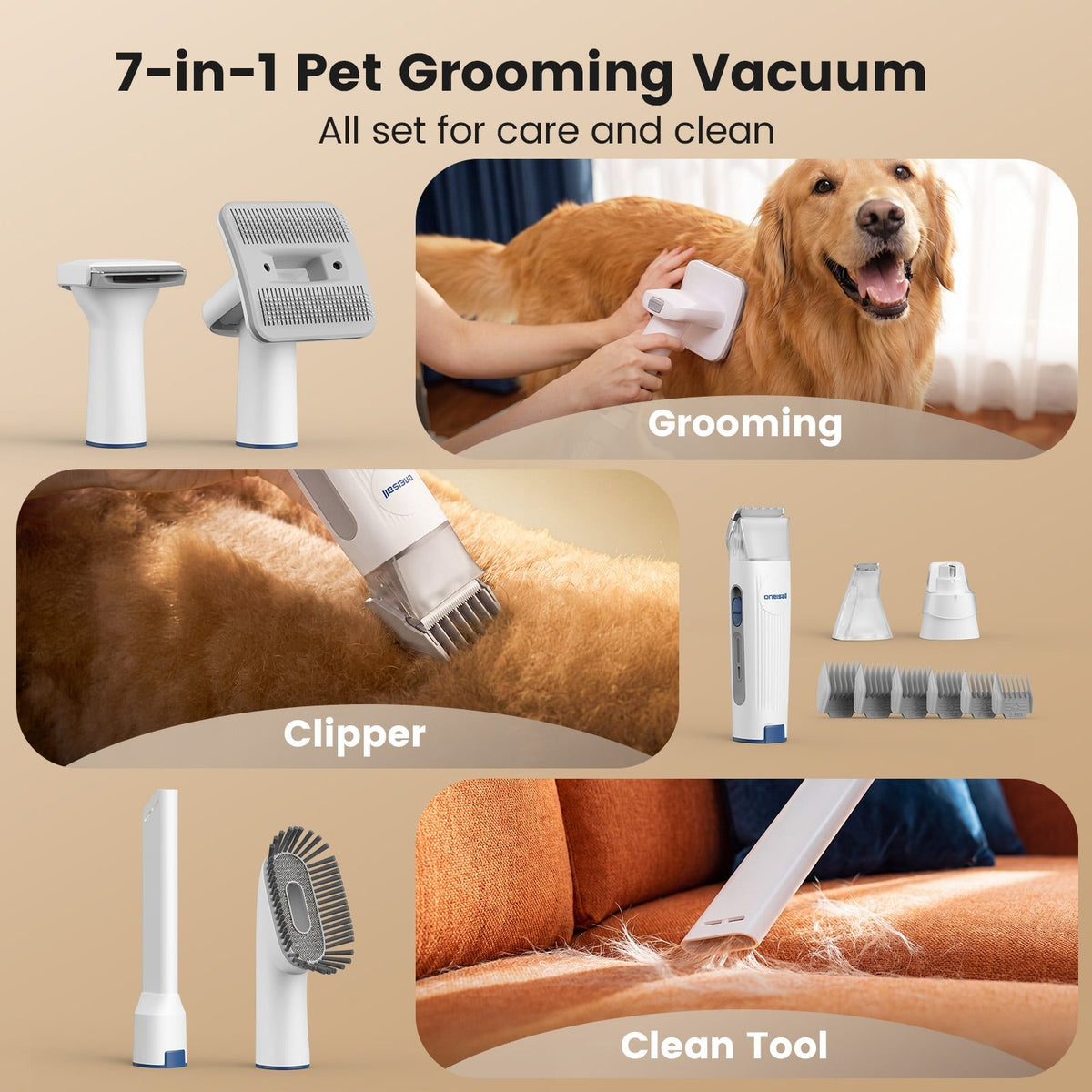 oneisall White Pet Grooming Vacuum Kit LM2