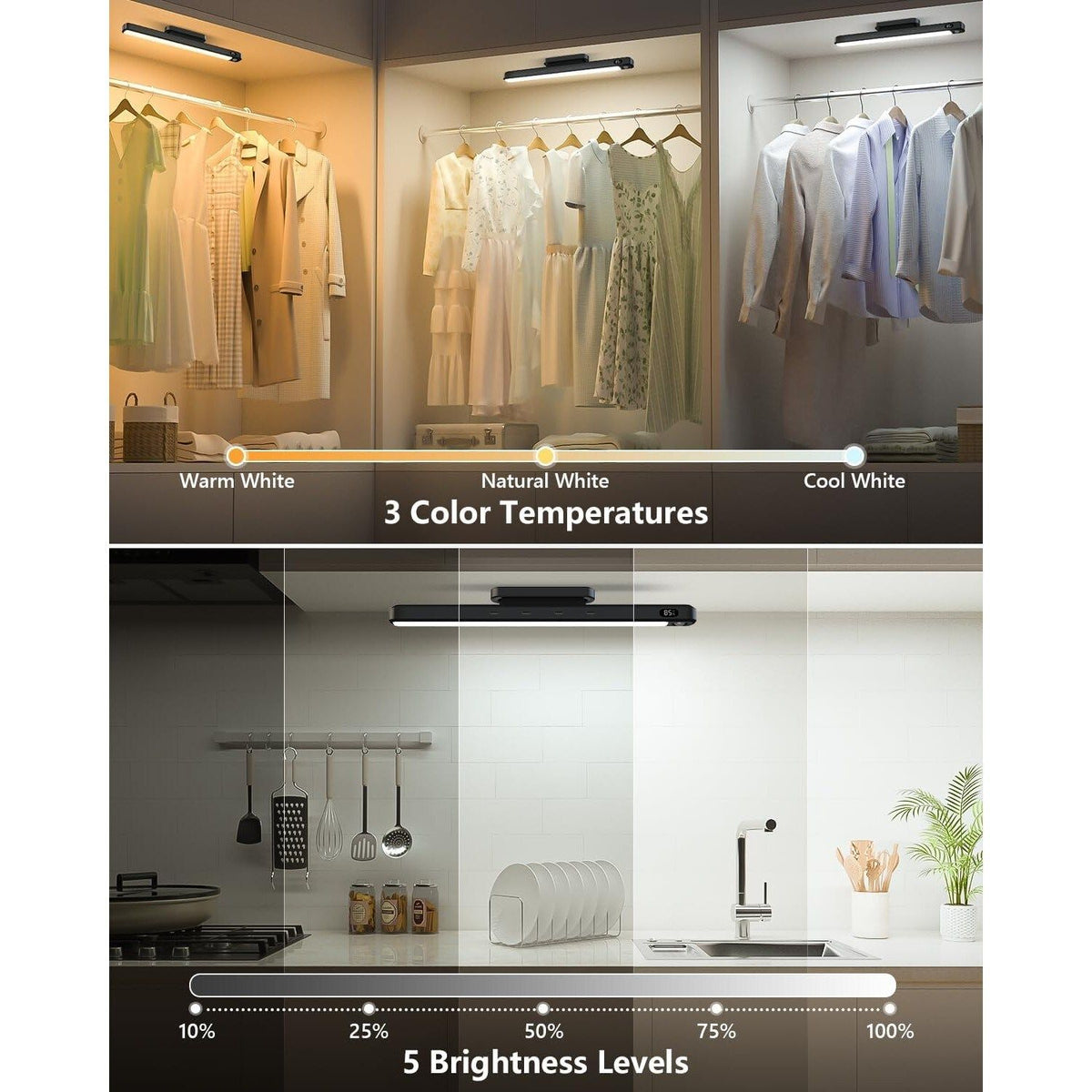 2 Pack Rechargeable Motion Sensor Under Cabinet Light Bar 3W Dimmable Magnetic LED Closet Light
