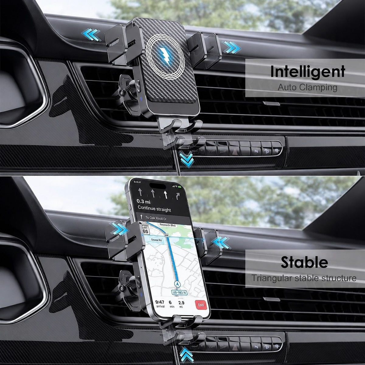 Wireless Car Charger 15W Fast Charging Auto Clamping Phone Mount