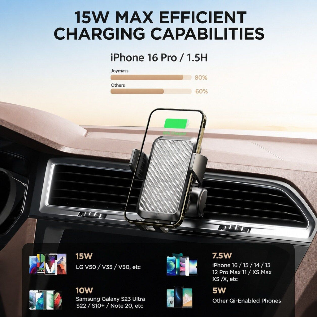Wireless Car Charger Phone Holder 15W Auto Clamping Mount