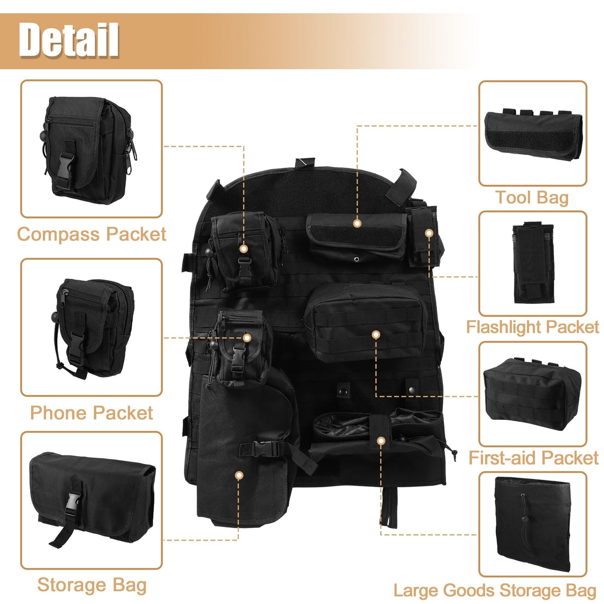 Car Front Seat Back Organizer Storage Bag 7 Pocket for Jeep Wrangler JK JL
