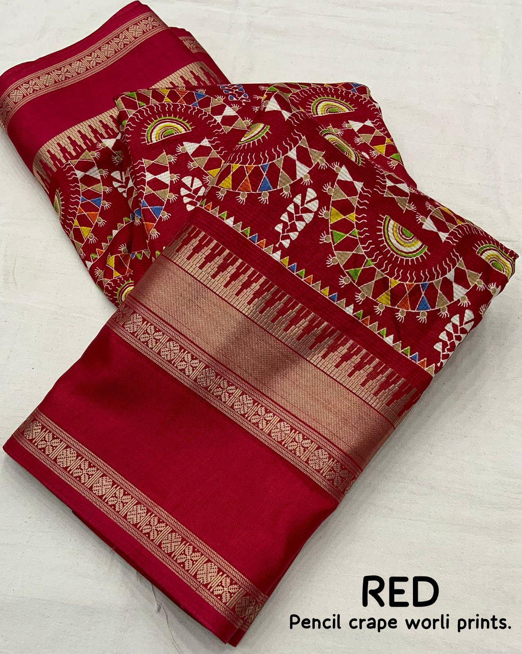Red Cotton Blend Ethnic Motif Saree with Zari Border