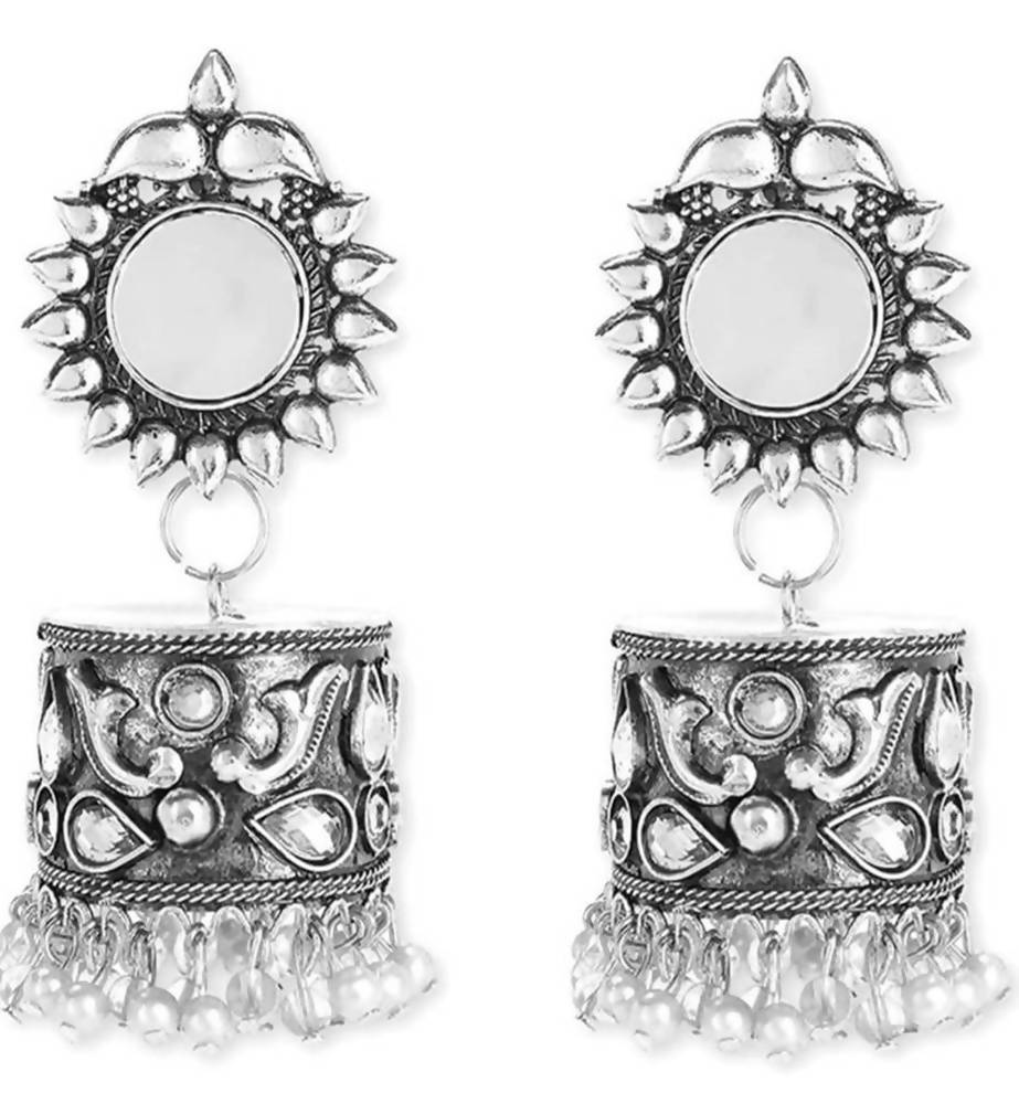 Mominos Fashion oxidised silver-plated earrings featuring elegant white stone detailing for ethnic occasions.