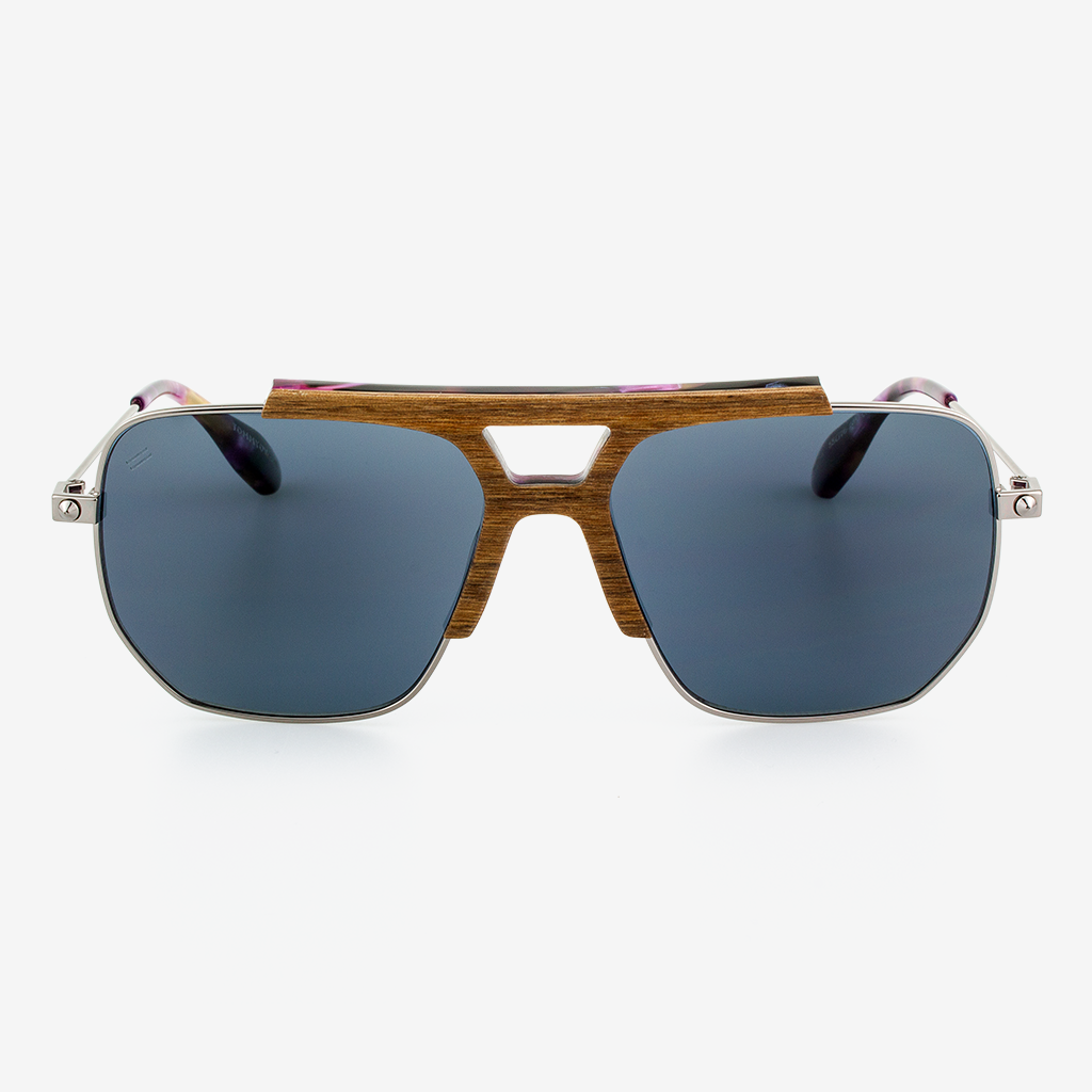 Hudson aviator sunglasses featuring wood and acetate frames with pearlized shimmer and titanium details.