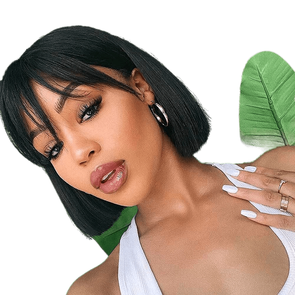 A stylish short bob wig with bangs made from 100% unprocessed Brazilian straight human hair.
