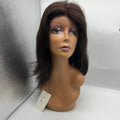 18-inch natural dark brown lace front human hair wig with a classic, realistic hairline.