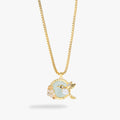 Hummingbird pendant necklace featuring a green aventurine gemstone, gold hummingbird charm, and peach enamel flowers.