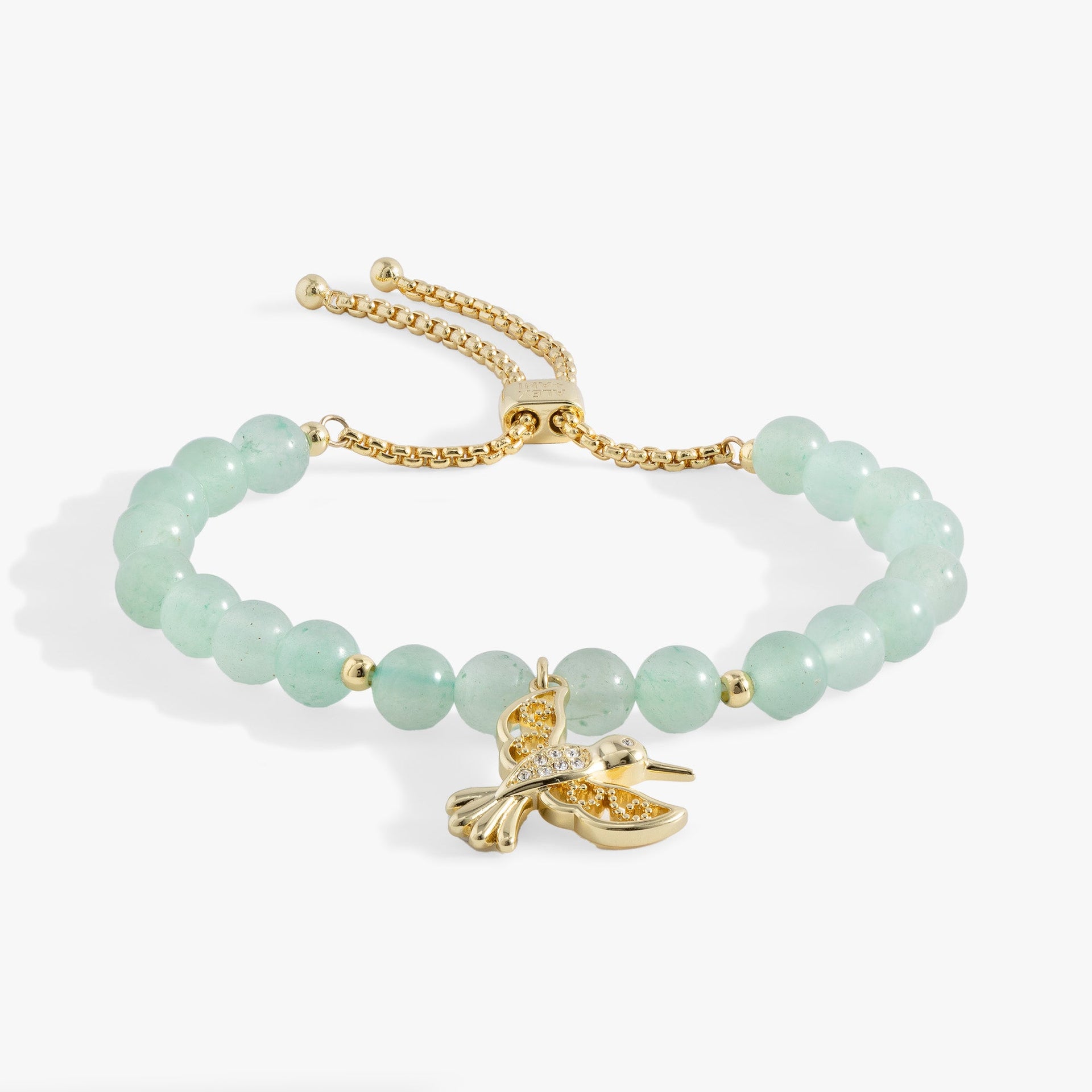 Hummingbird bolo bracelet featuring green aventurine beads and a crystal-encrusted hummingbird charm in a gold-tone finish.