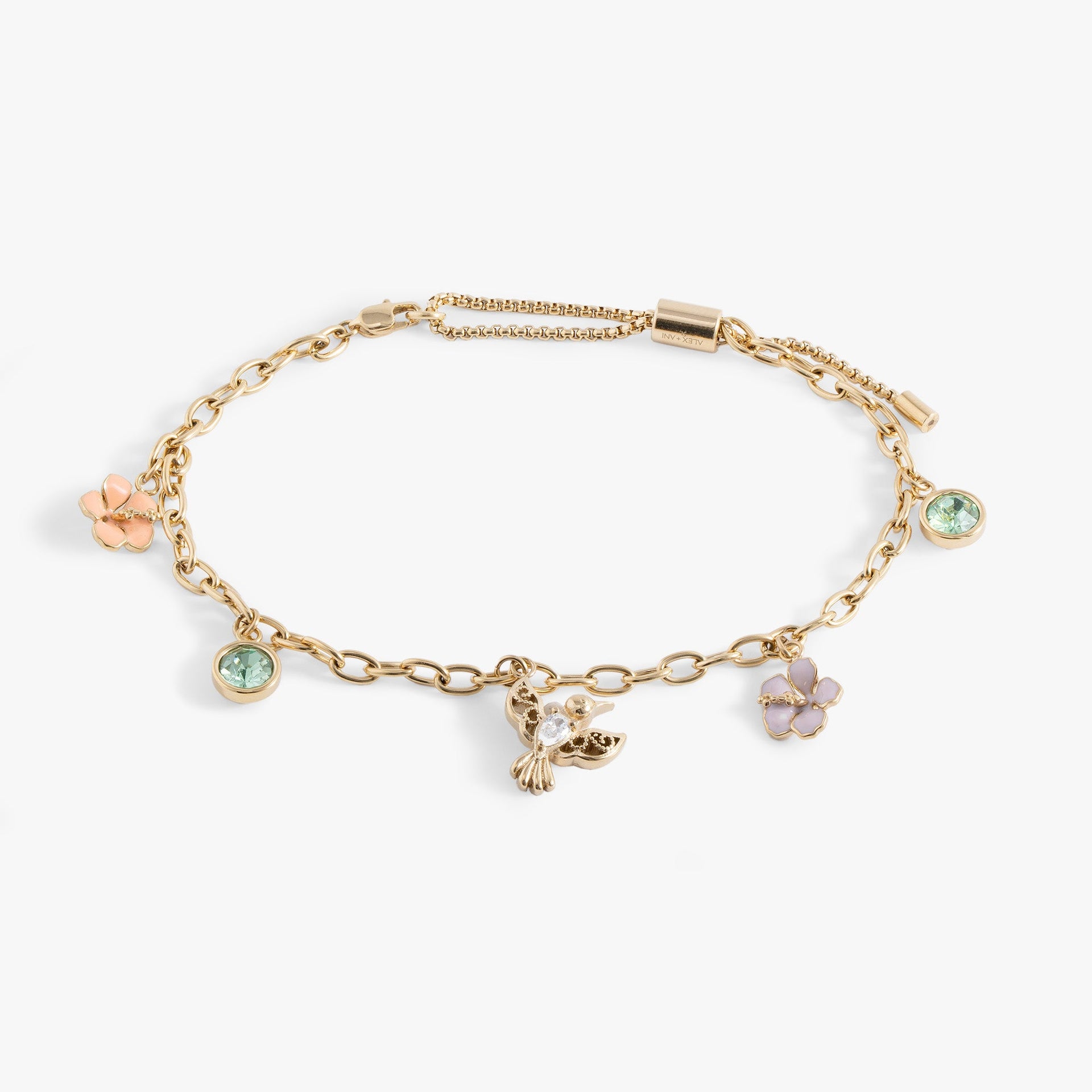 Gold-tone adjustable anklet with hummingbird, pink hibiscus, and green chrysolite charms.