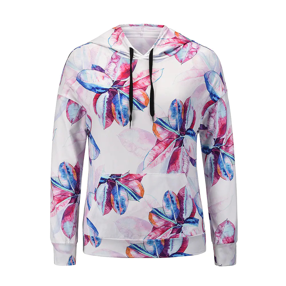 Women's long-sleeved hooded t-shirt featuring a vibrant floral leaf pattern.