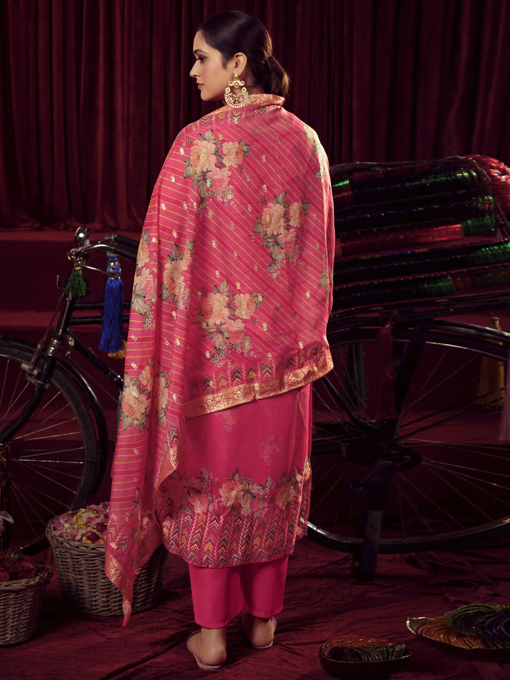 Magenta Organza Jacquard Woven Straight Kurta Set with Dupatta