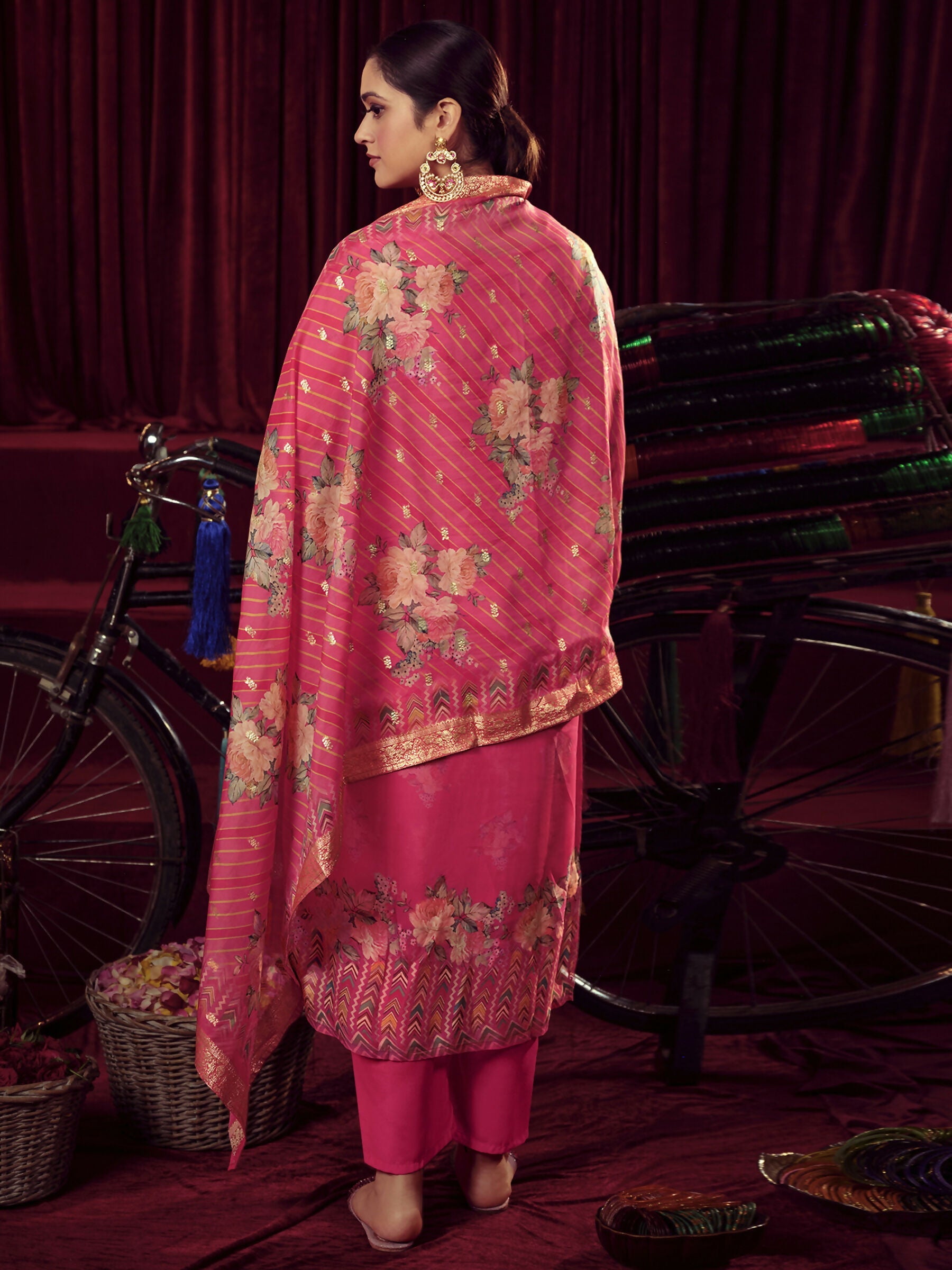 Magenta Organza Jacquard Woven Straight Kurta Set with Dupatta