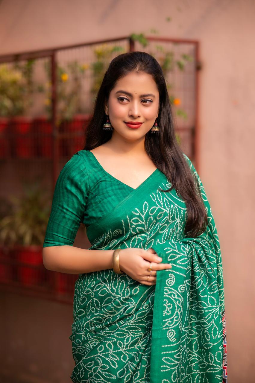 Green Silk Blend Ajrak Saree with Pashmina Texture