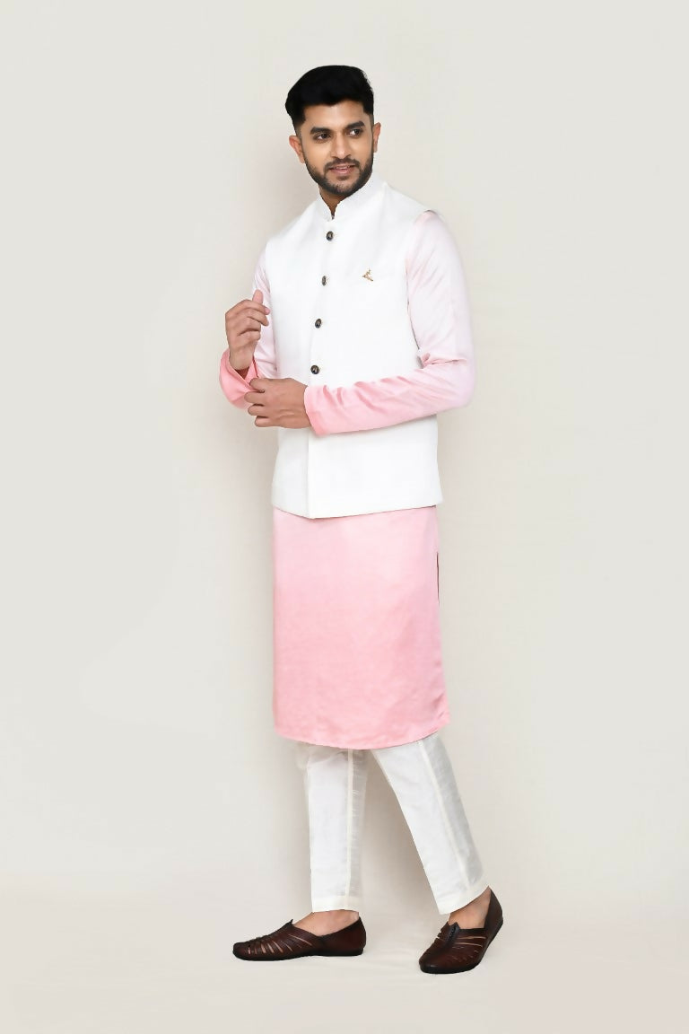 Men wearing a white art silk kurta with a coordinating jacket and straight-fit pants for a festive look.