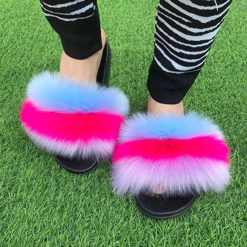 Women's Multicolored Faux Fur Flat Slippers Cozy Open Toe Slides