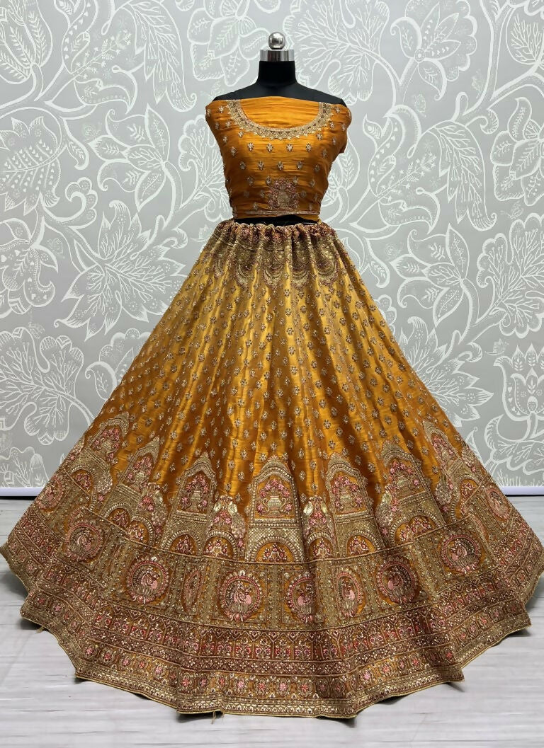 Golden Bridal Net Lehenga Choli with Dori, Sequins & Diamond Work