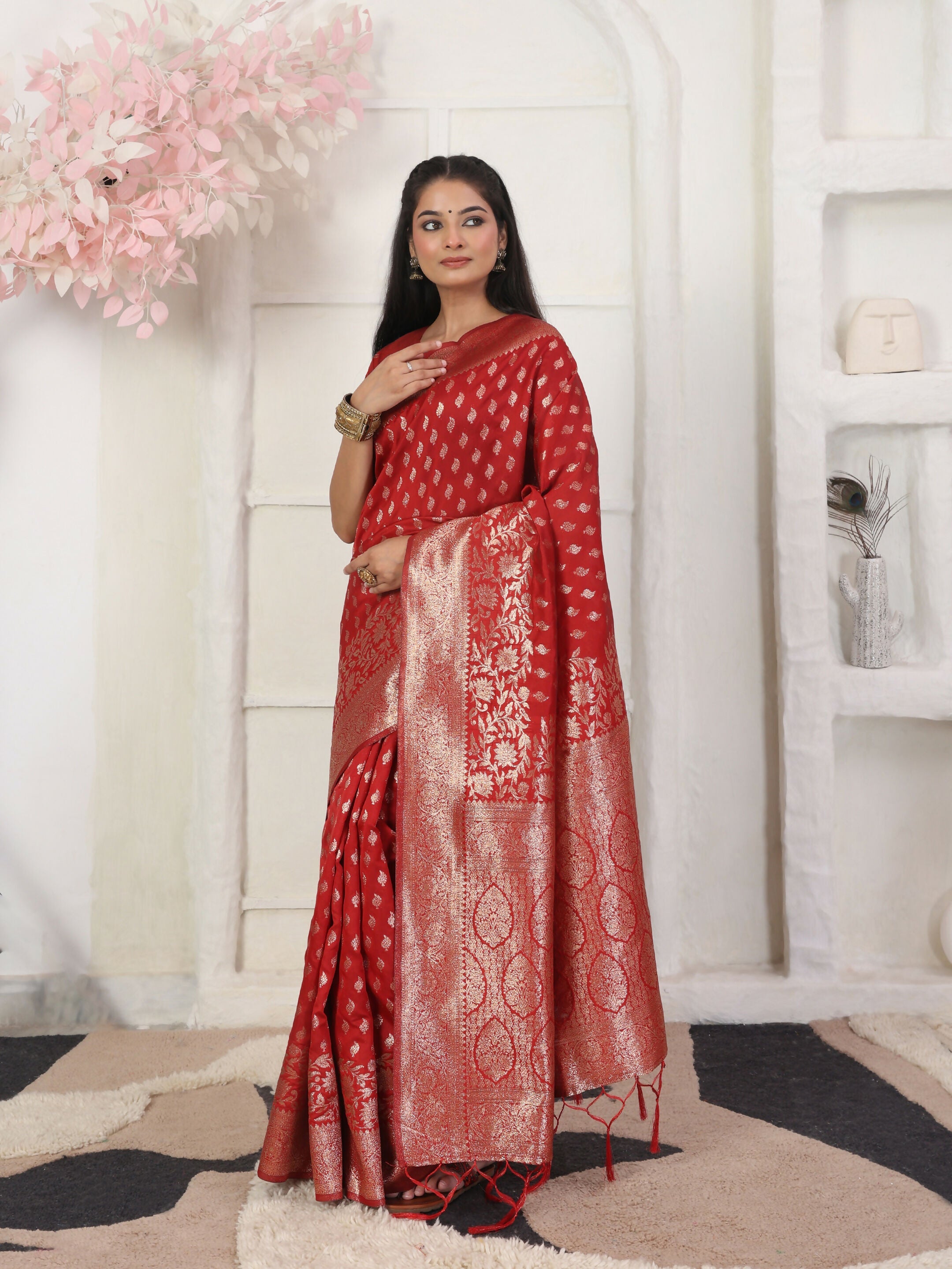 Vibrant Red Lichi Silk saree with matching blouse piece