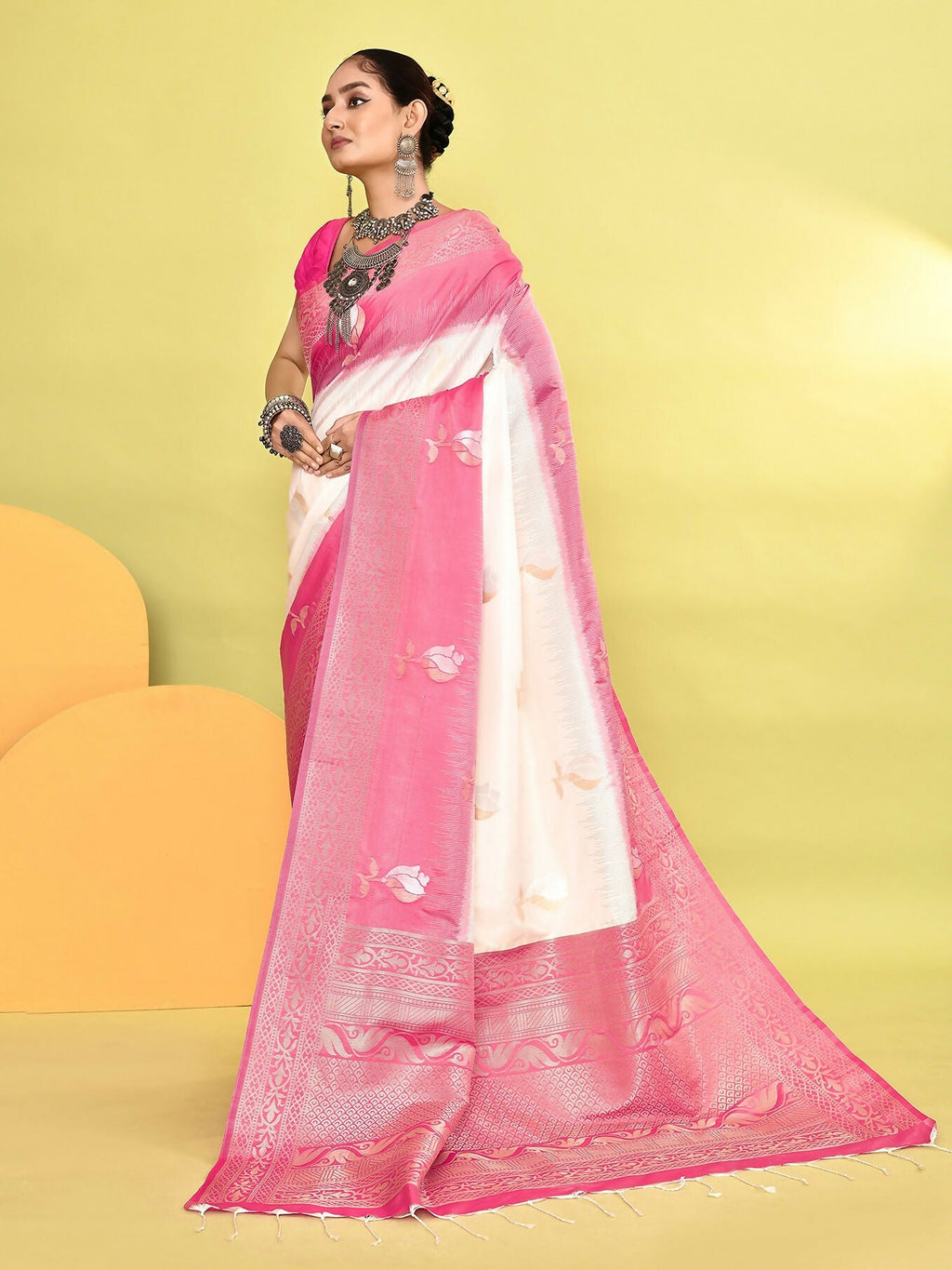 White & Rani Pink Banarasi Soft Silk Saree with Weaving Border