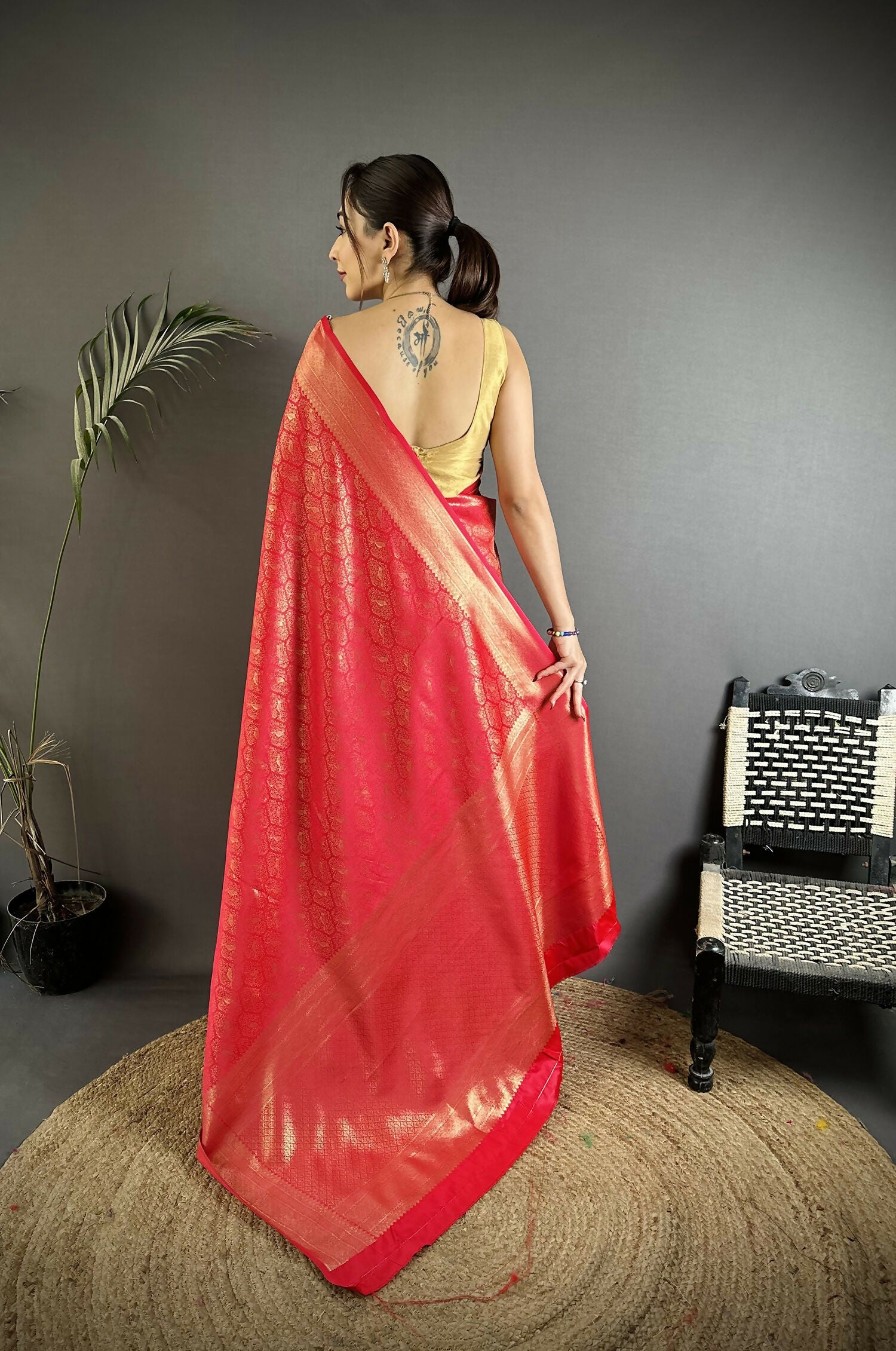 Red Paisley & Floral Print Soft Satin Silk Banarasi Saree