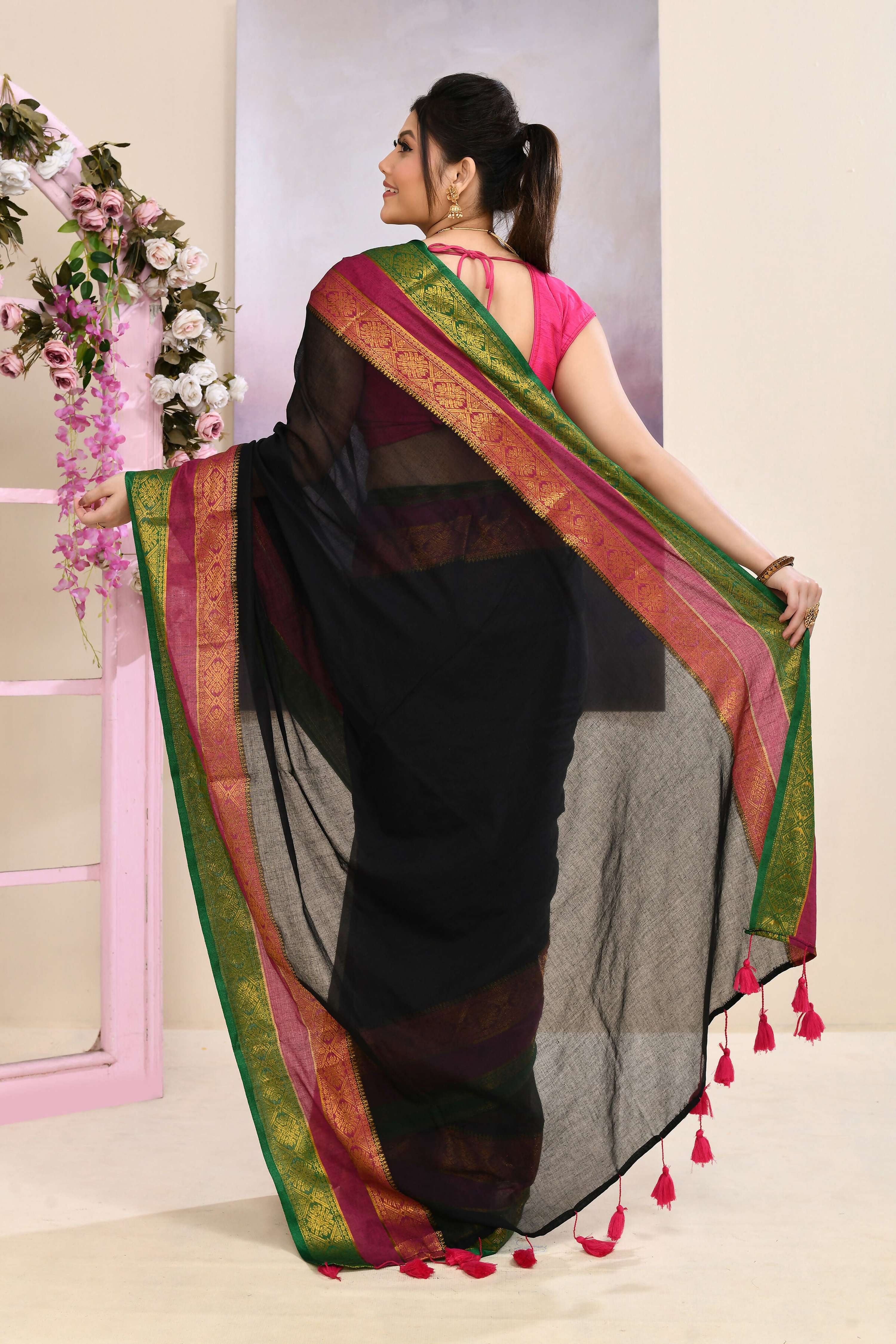 Black Embellished Zari Border Cotton Saree
