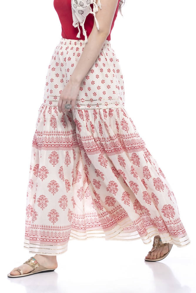 Cotton Block Print Palazzo Pants with Lace Work in Red