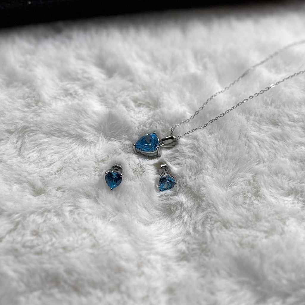Hypoallergenic Rhodium Plated 925 Sterling Silver Turquoise Blue CZ Heart Jewelry Set