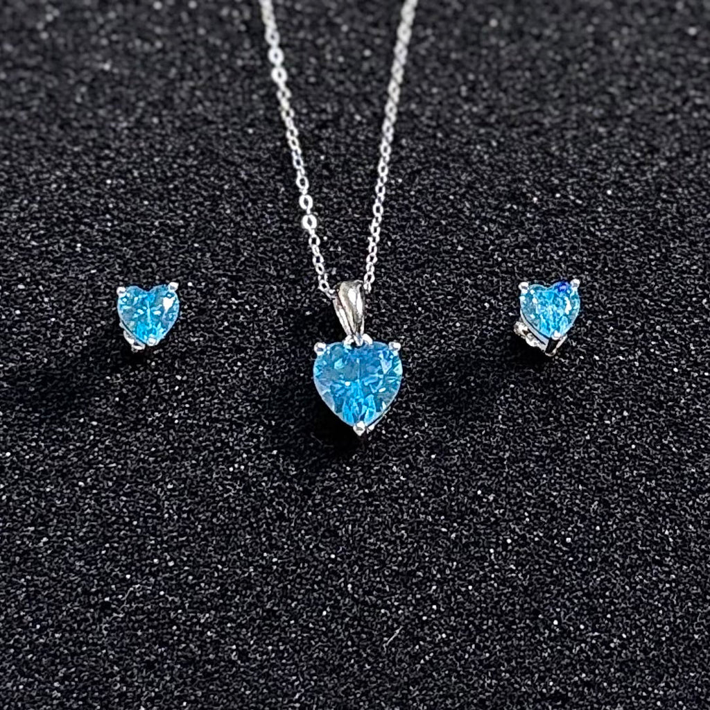 Hypoallergenic Rhodium Plated 925 Sterling Silver Turquoise Blue CZ Heart Jewelry Set