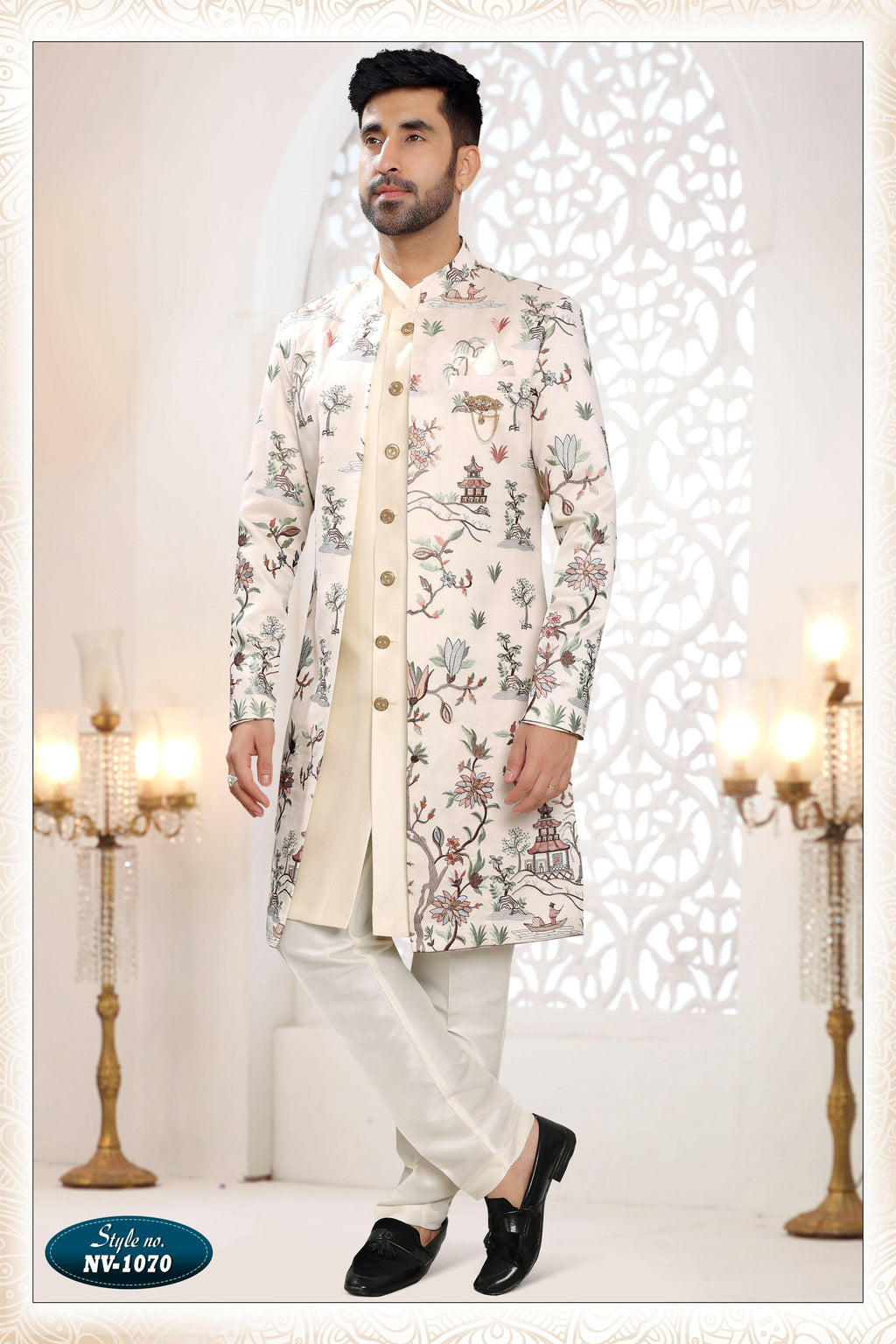 Men's cream straight kurta set in Malai Silk with all-over thread and sequence embroidery