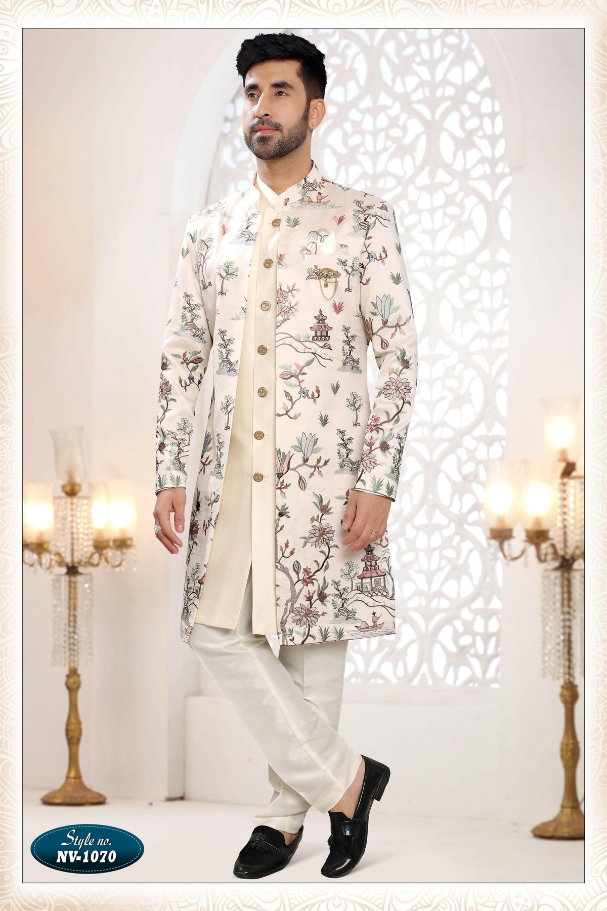 Men's cream straight kurta set in Malai Silk with all-over thread and sequence embroidery