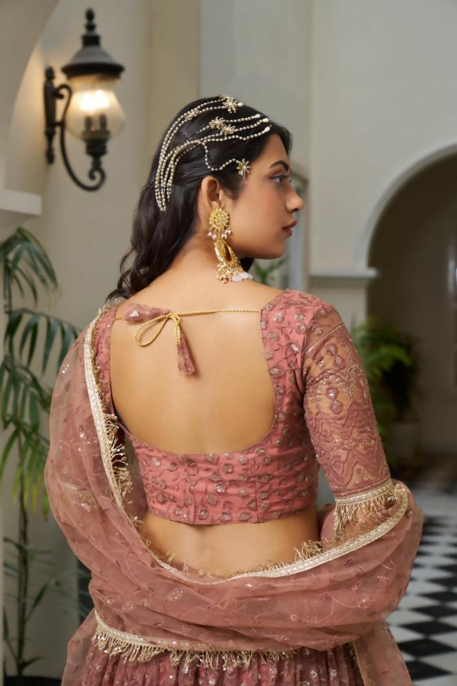 Rust Butterfly Net Lehenga Choli With Cotton Thread & Sequence Work