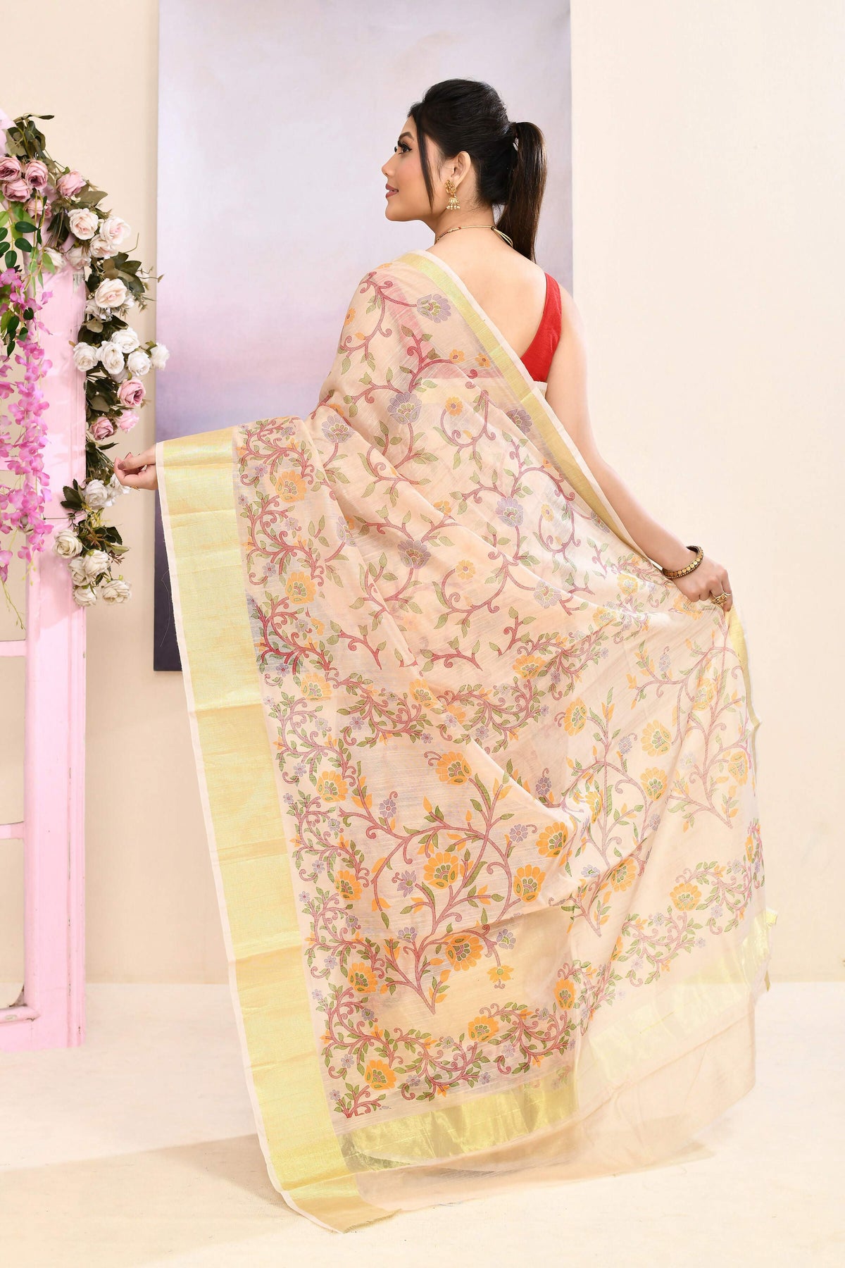 Beige Embellished Printed Saree in Cotton Blend