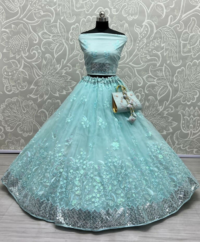 Sky Blue Bridal Net Wedding Lehenga Choli with Sequins Embroidery
