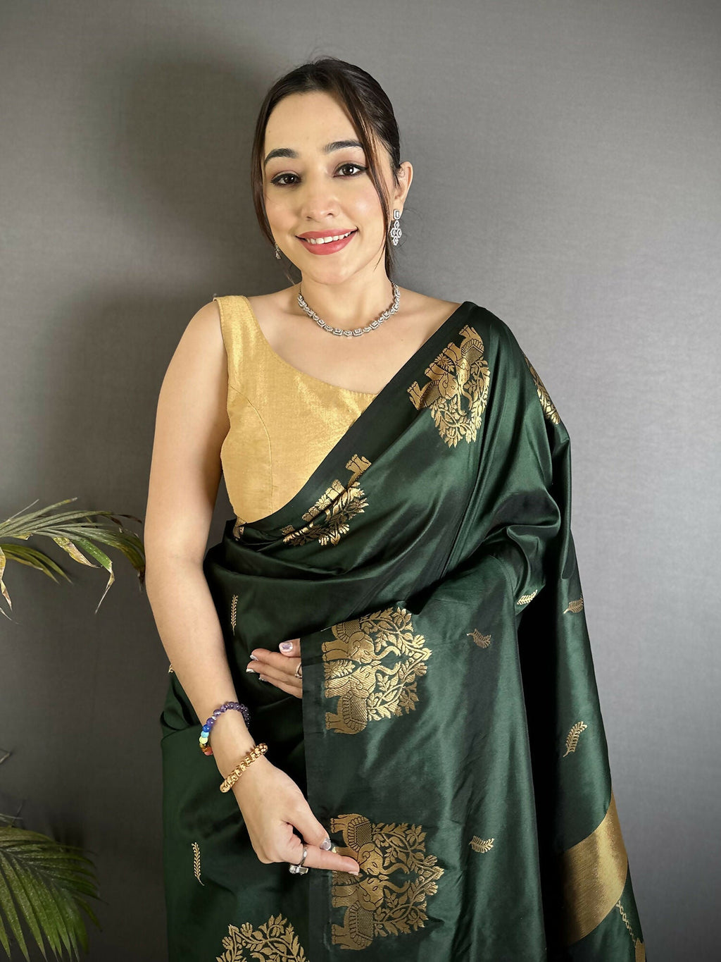 Bottle Green Soft Silk Banarasi Saree with Intricate Zari Weaving