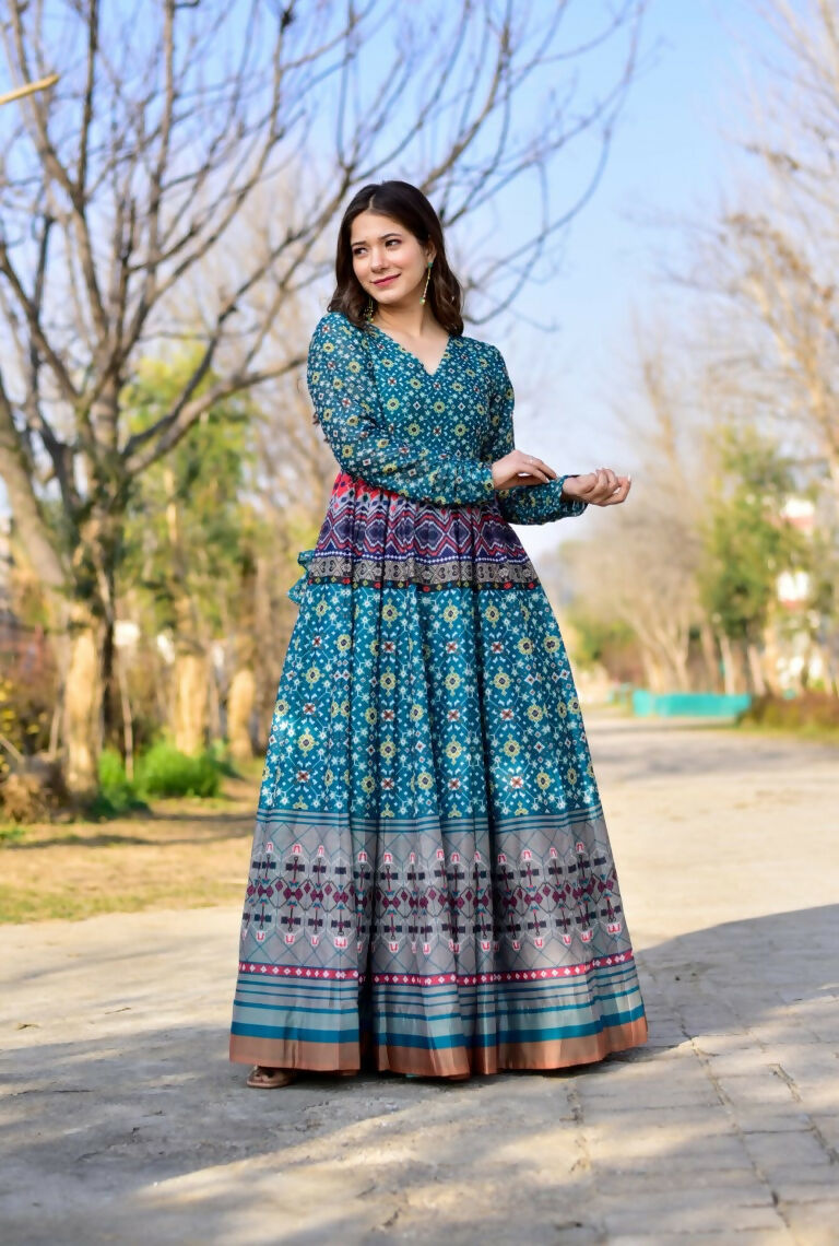 Women's blue and grey geometric digital print cotton silk Anarkali dress